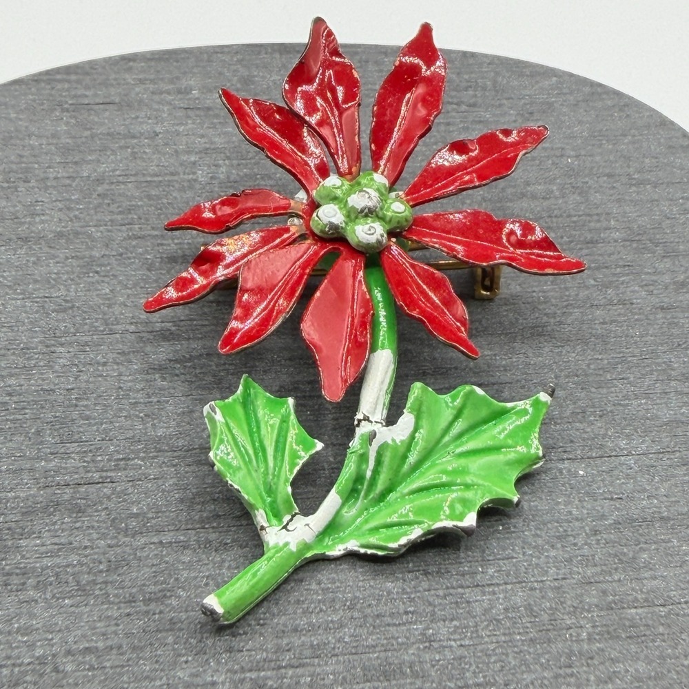 Vintage Red Poinsettia Flower Brooch Enamel Green Leaf Christmas Holiday Pin